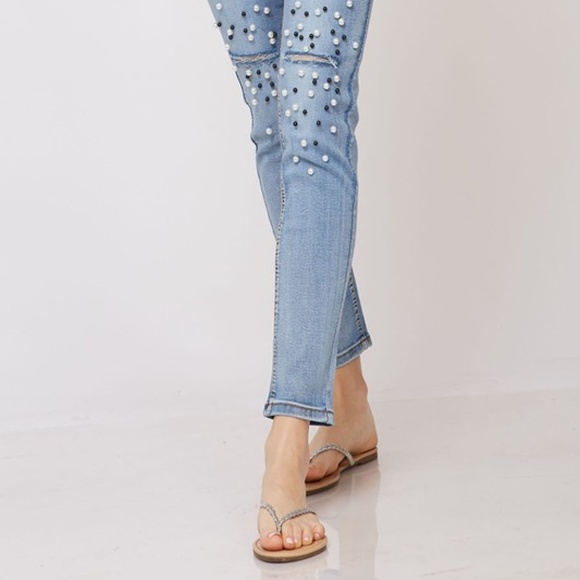 beaded trim washed skinny denim jean - Picture 5 of 8